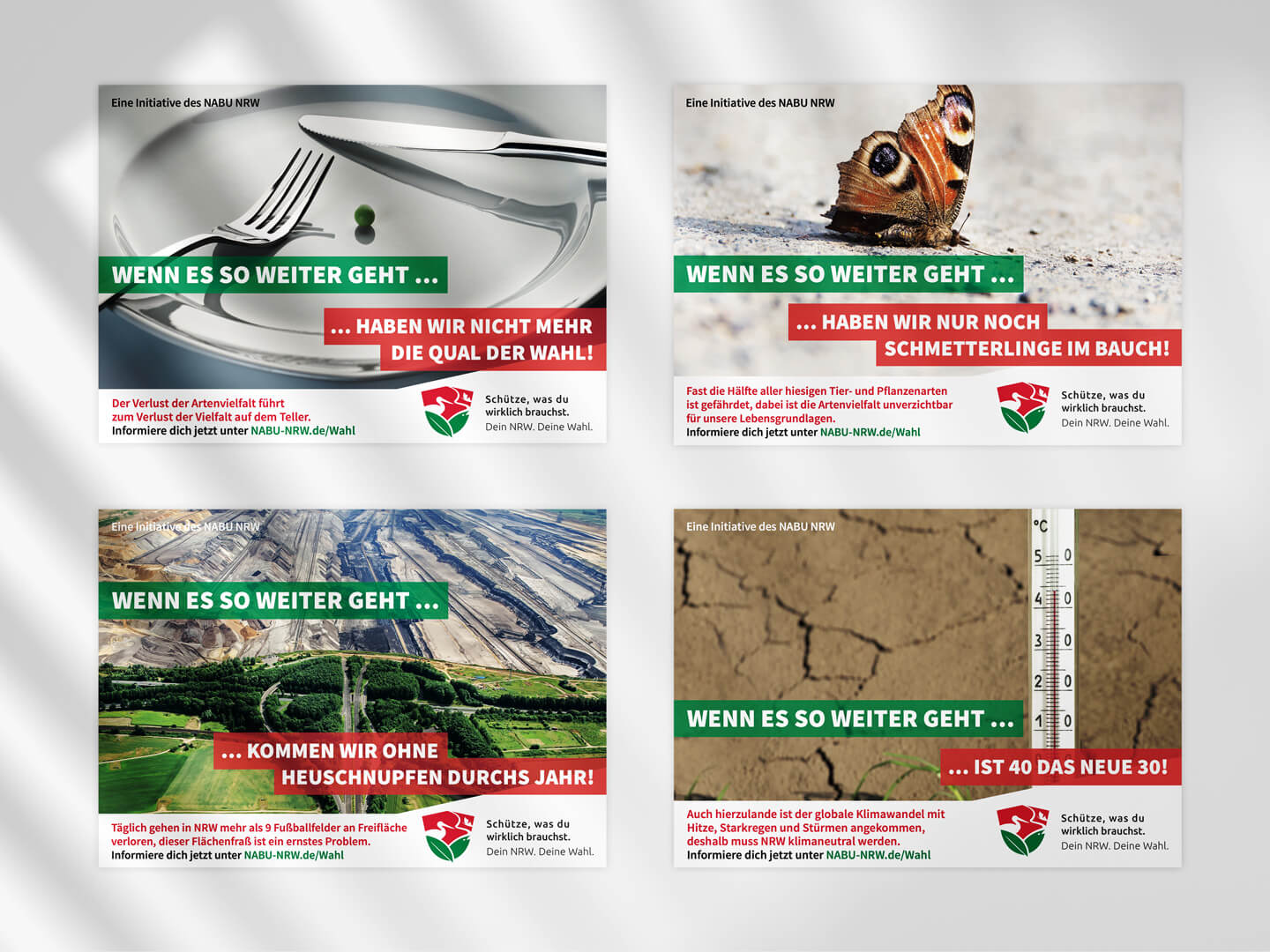 Anzeige verschiedener Beispiele aus dem Projekt Kampagne zur Landtagswahl in NRW 2022 für den Kunden NABU NRW Anzeige verschiedener Beispiele aus dem Projekt Kampagne zur Landtagswahl in NRW 2022 für den Kunden NABU NRW